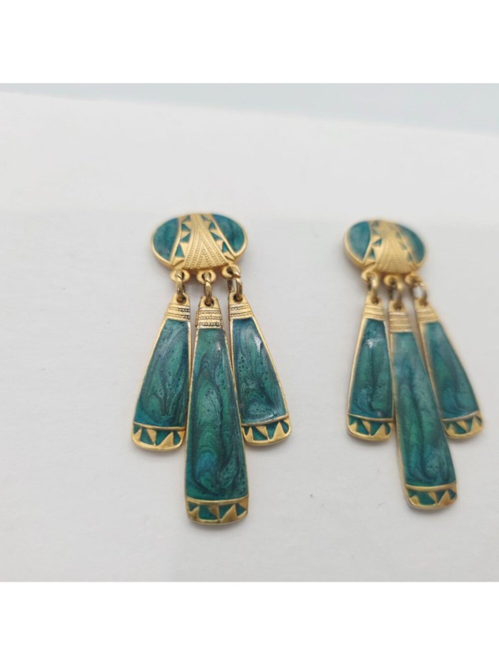 Vintage Gold-Tone & Green Enamel Tribal Style Dangle Earrings 2" - Picture 2 of 5